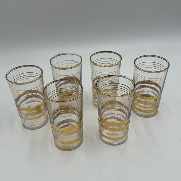 Vintage Macbeth Evans Midcentury Gold-Striped Six Piece Tumblers